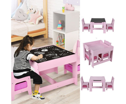 EKKIO 3PCS Kids Table and Chairs Set with Black Chalkboard (Pink)